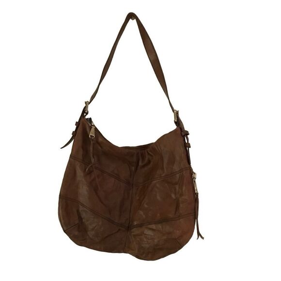 Hobo International Brand Camel Leather Shoulder Bag with Blue Floral Liner - Picture 4 of 13